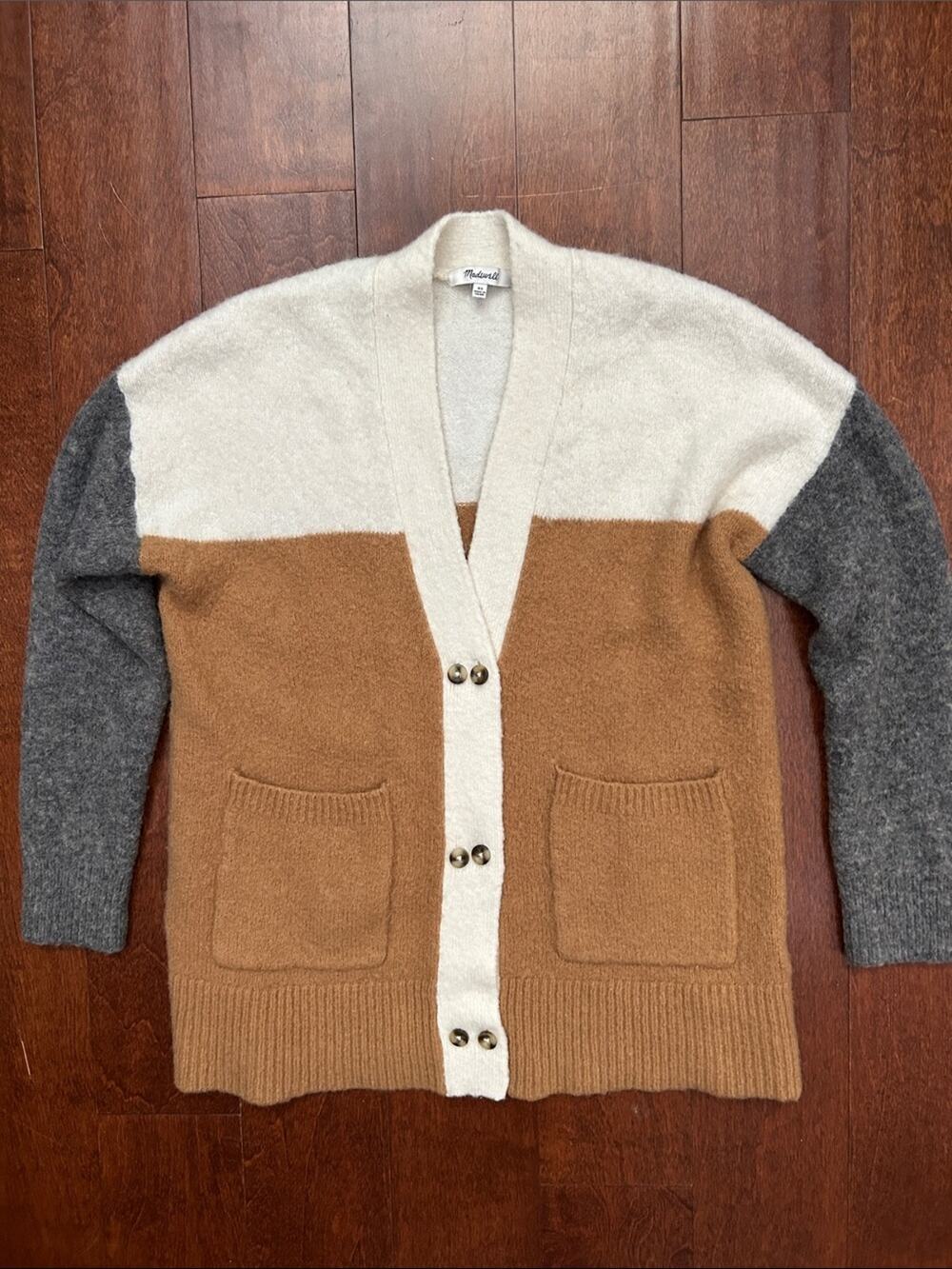 Madewell Allston Double Button Cardigan Sweater, Colorblock Wool Blend, Size XS